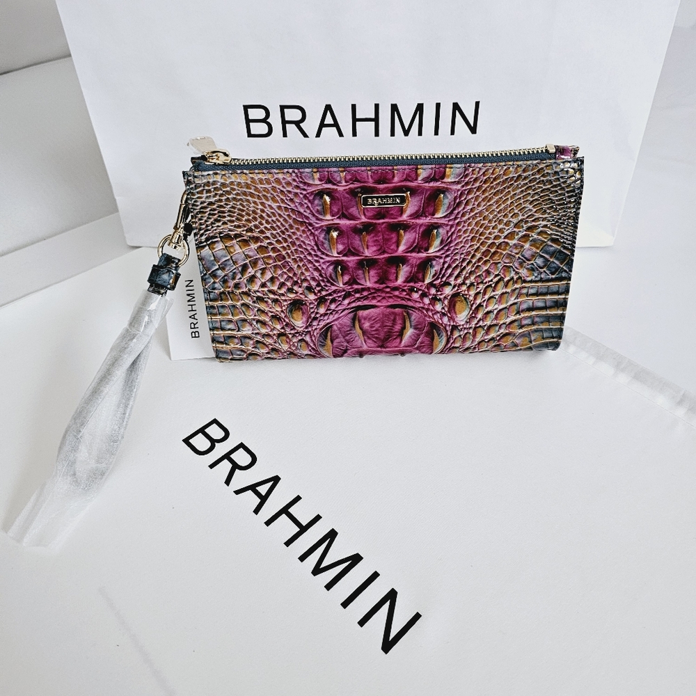 Brahmin Purple Brown Embossed Leather Wristlet Clutch - Picture 12 of 16